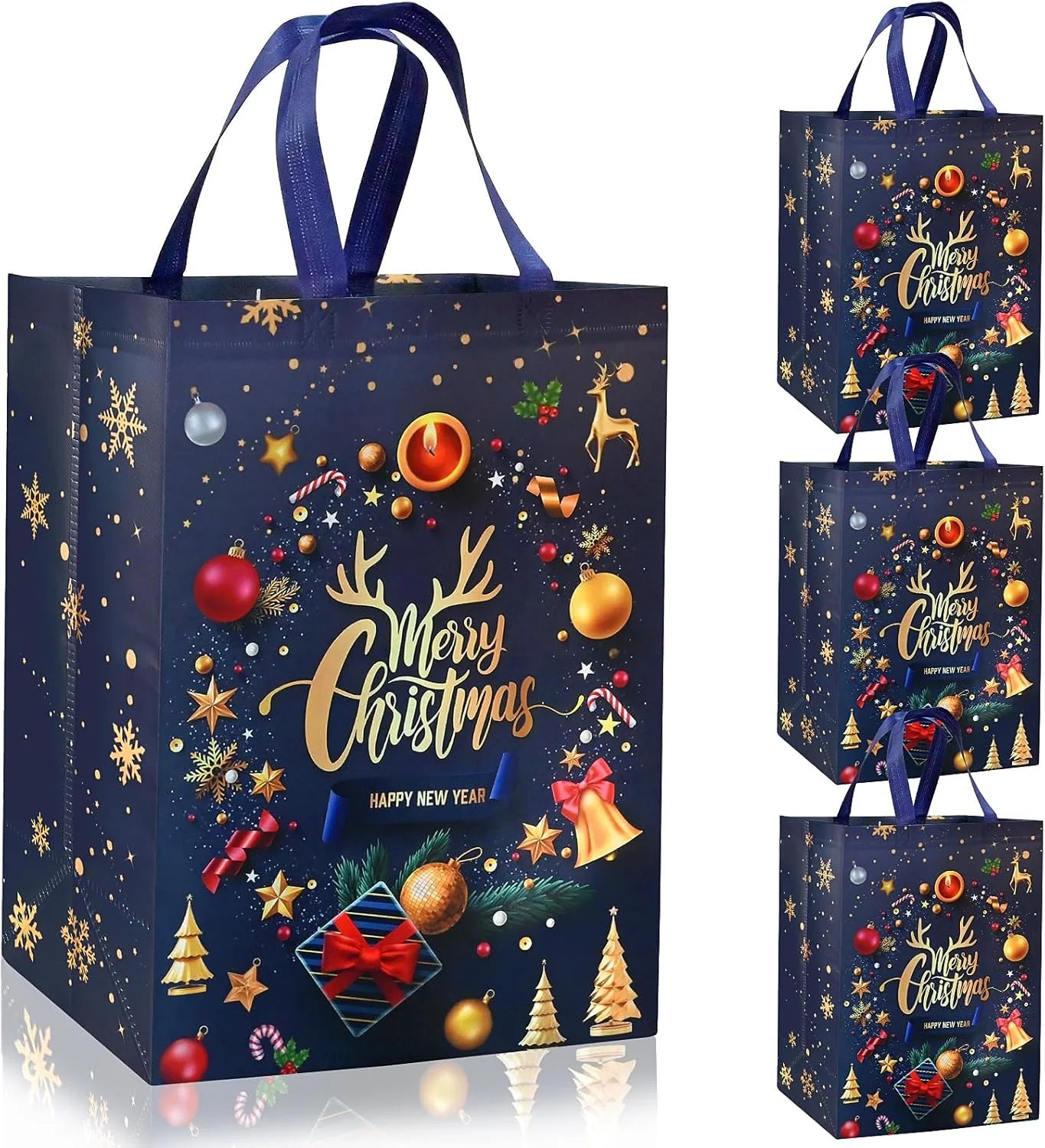 ADQUATOR 4-Pack Large Christmas Tote Bags, Black & Gold, Non-Woven Reusable Gift Bags with Handles for Holiday Party & Shopping