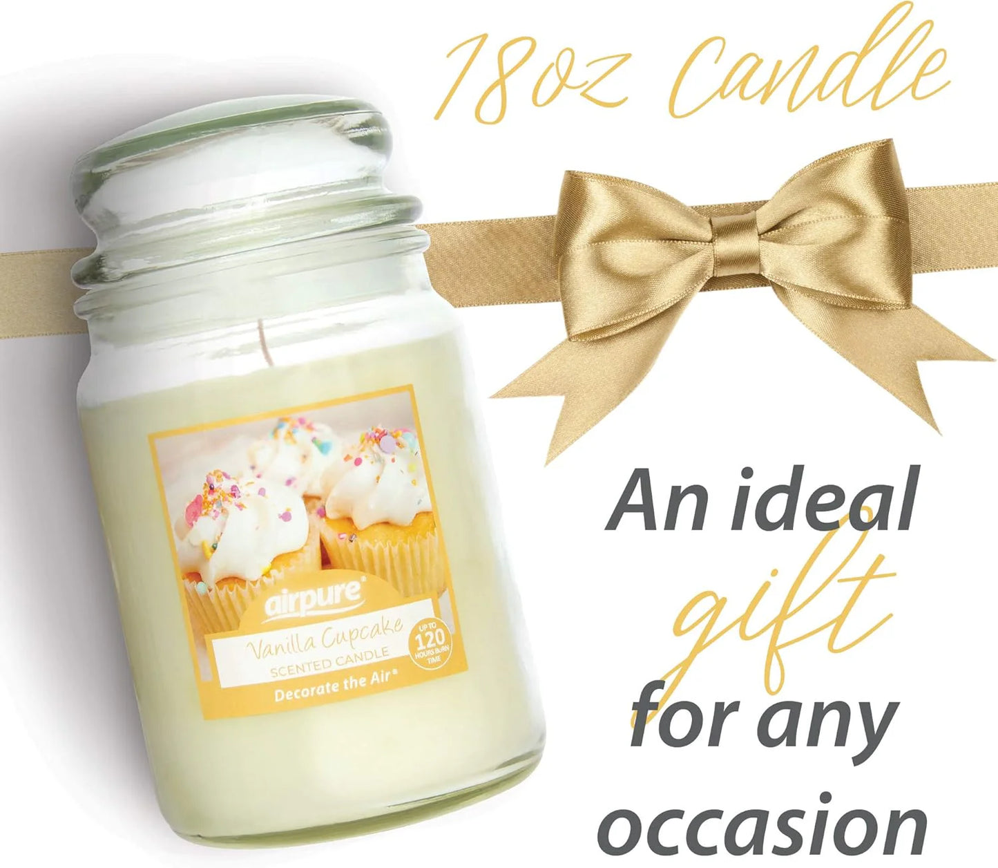 AIRPURE 18oz Vanilla Cupcake Scented Large Jar Candle, 120-Hour Burn, Aromatherapy for Bedroom, Bathroom, Living Room & Office