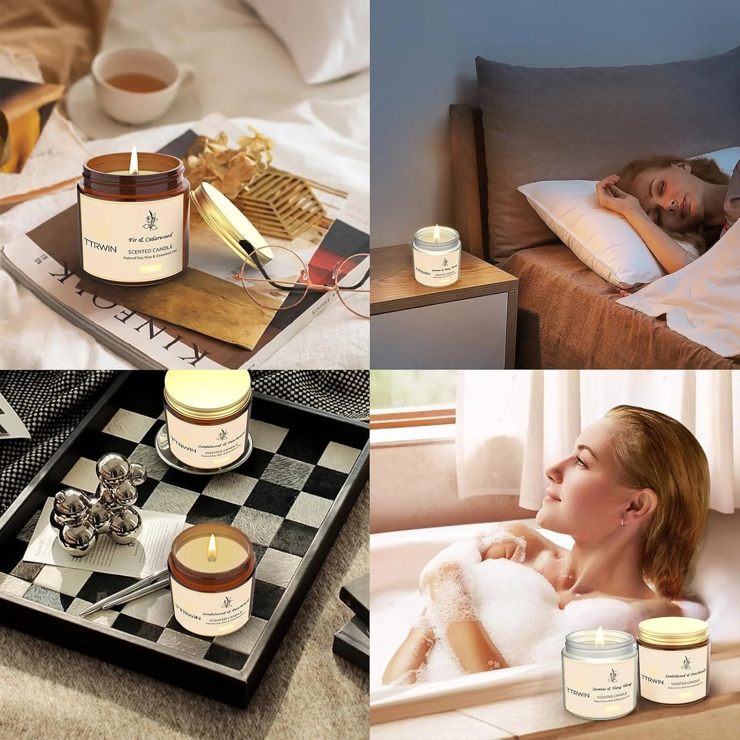 TTRWIN 4-Pack Scented Soy Candles Gift Set, Jasmine, Sandalwood, Fir, Vanilla Scents, Aromatherapy for Christmas & Birthday