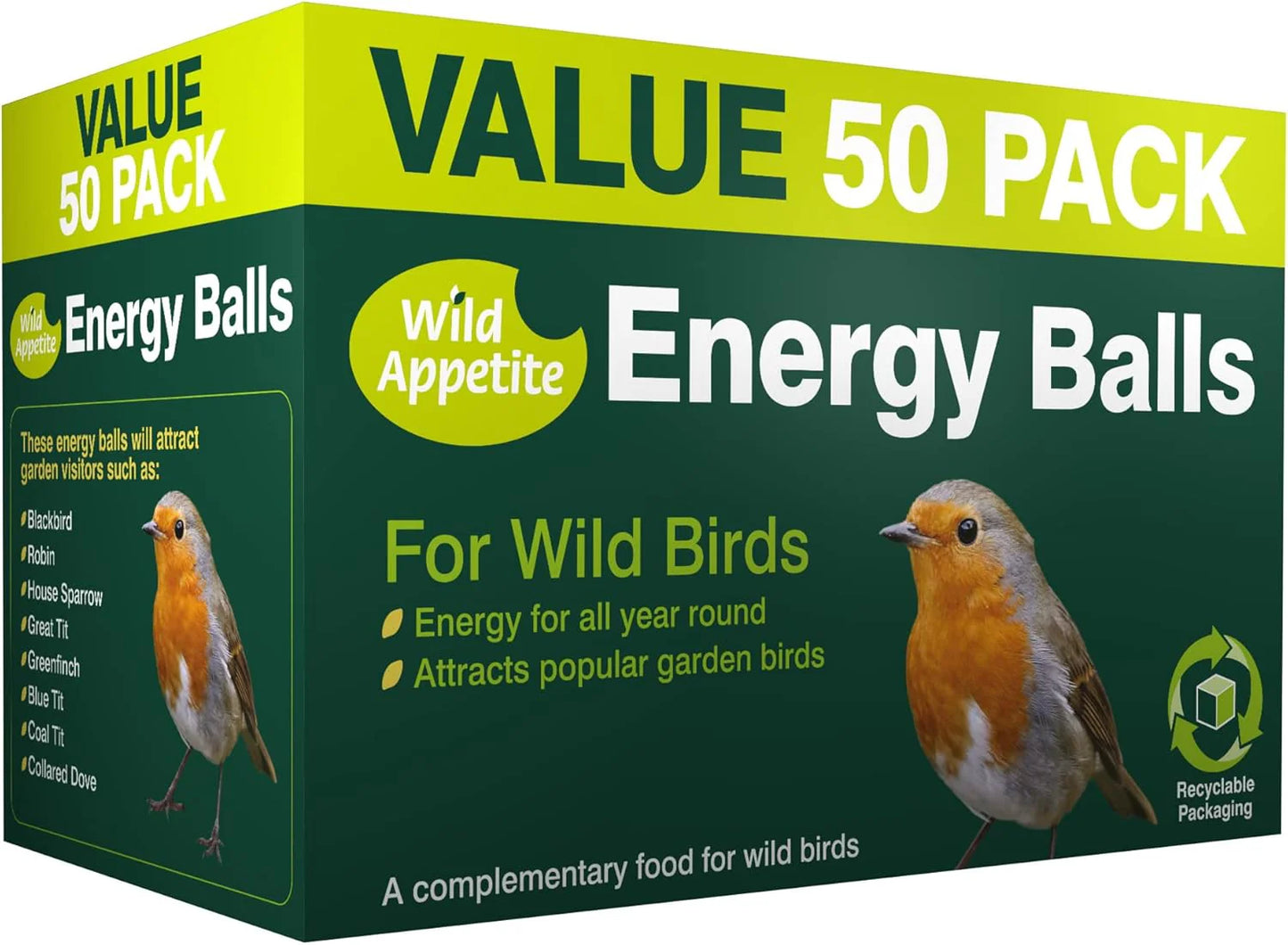 Wild Appetite Suet Energy Fat Balls Bird Food - Pack of 50, Green