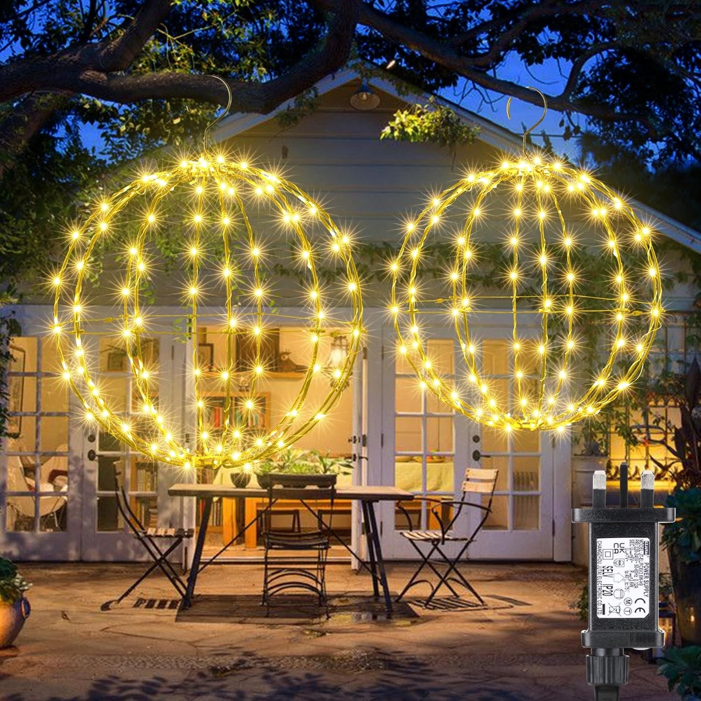 iBaycon Outdoor Christmas Hanging Ball Lights, Warm White LED Fairy Lights with Timer, Waterproof Foldable Sphere Decorations, Mains Powered, 2 Pack (33cm & 28cm)