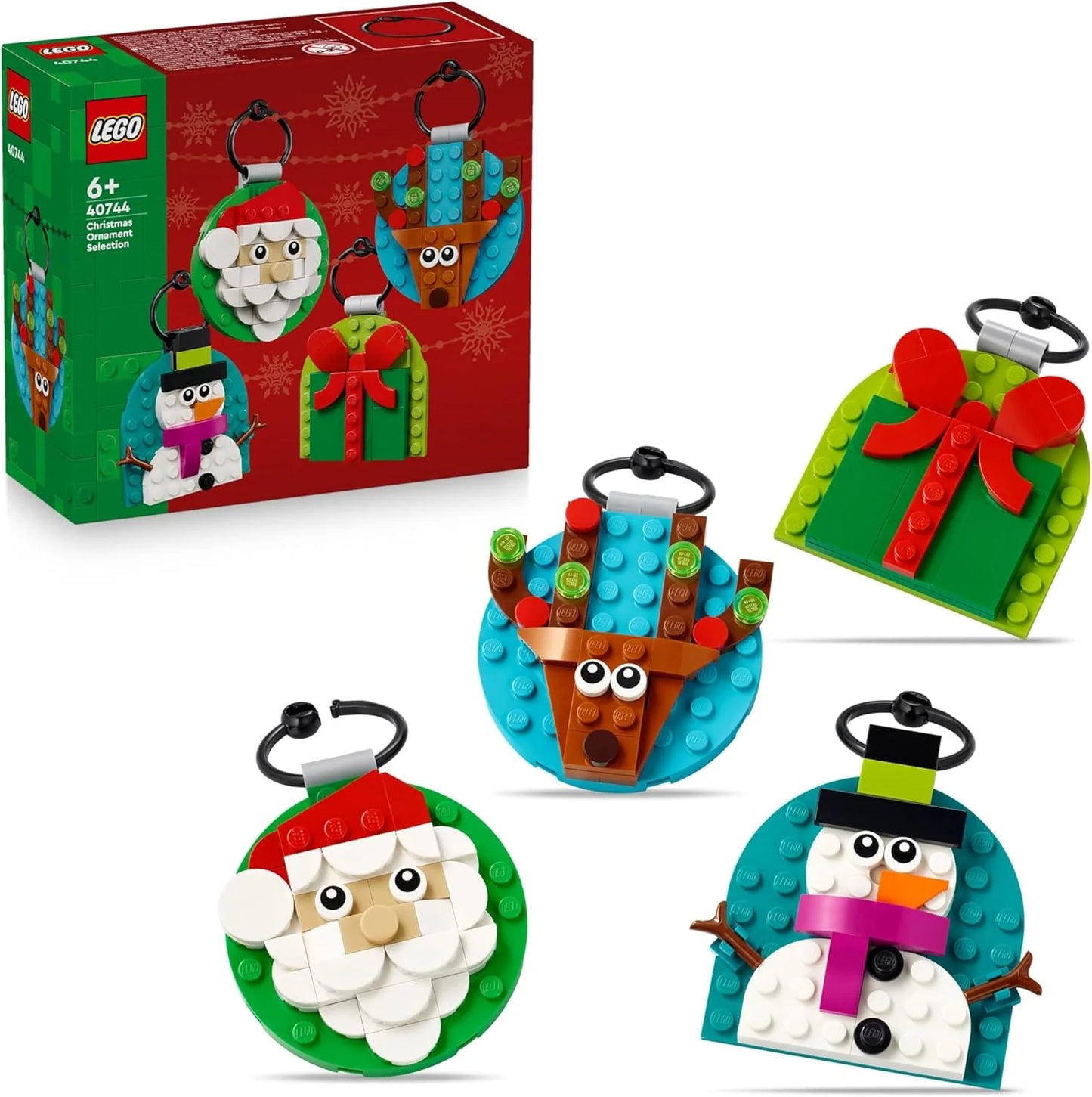 LEGO Christmas Ornament Set, 4 Hanging Decorations: Santa, Snowman & Reindeer, Building Toy for Kids 6+, Model 40744