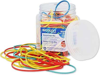 Westcott Rubber Bands 80g, ~170 Colorful Bands in 60mm, 50mm & 38mm, Plastic Storage Container, Household Pack, Model E-10581