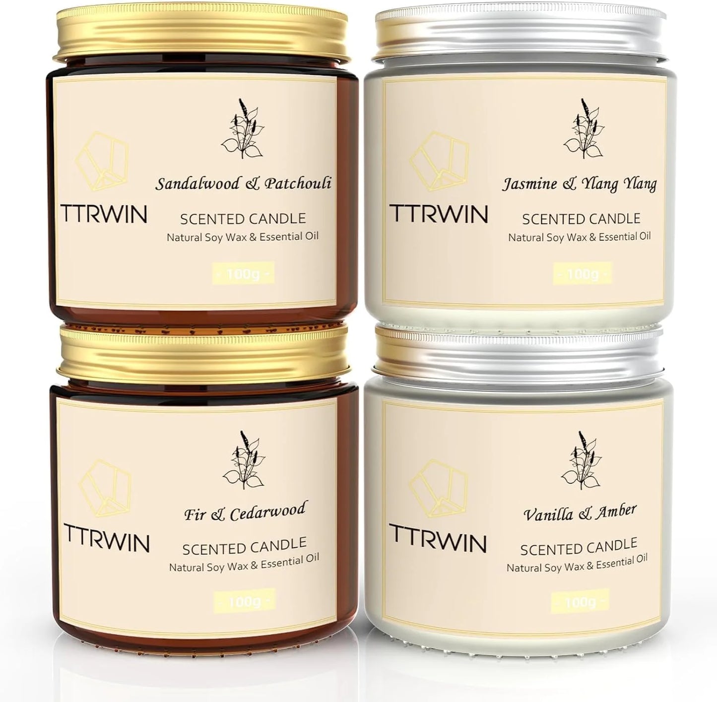 TTRWIN 4-Pack Scented Soy Candles Gift Set, Jasmine, Sandalwood, Fir, Vanilla Scents, Aromatherapy for Christmas & Birthday