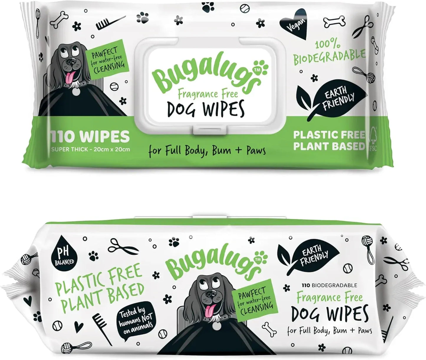 BUGALUGS Dog Wipes, 110 Biodegradable Plastic-Free Pet Wipes, Fragrance-Free, for Full Body, Eyes, Ears, Paws, and Bum, Dogs, Puppies, and Cats