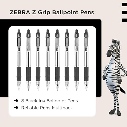 Zebra Z-Grip Black Ballpoint Pens, 8-Pack, Retractable with Pocket Clip, Black Ink, Multipack for Everyday Use