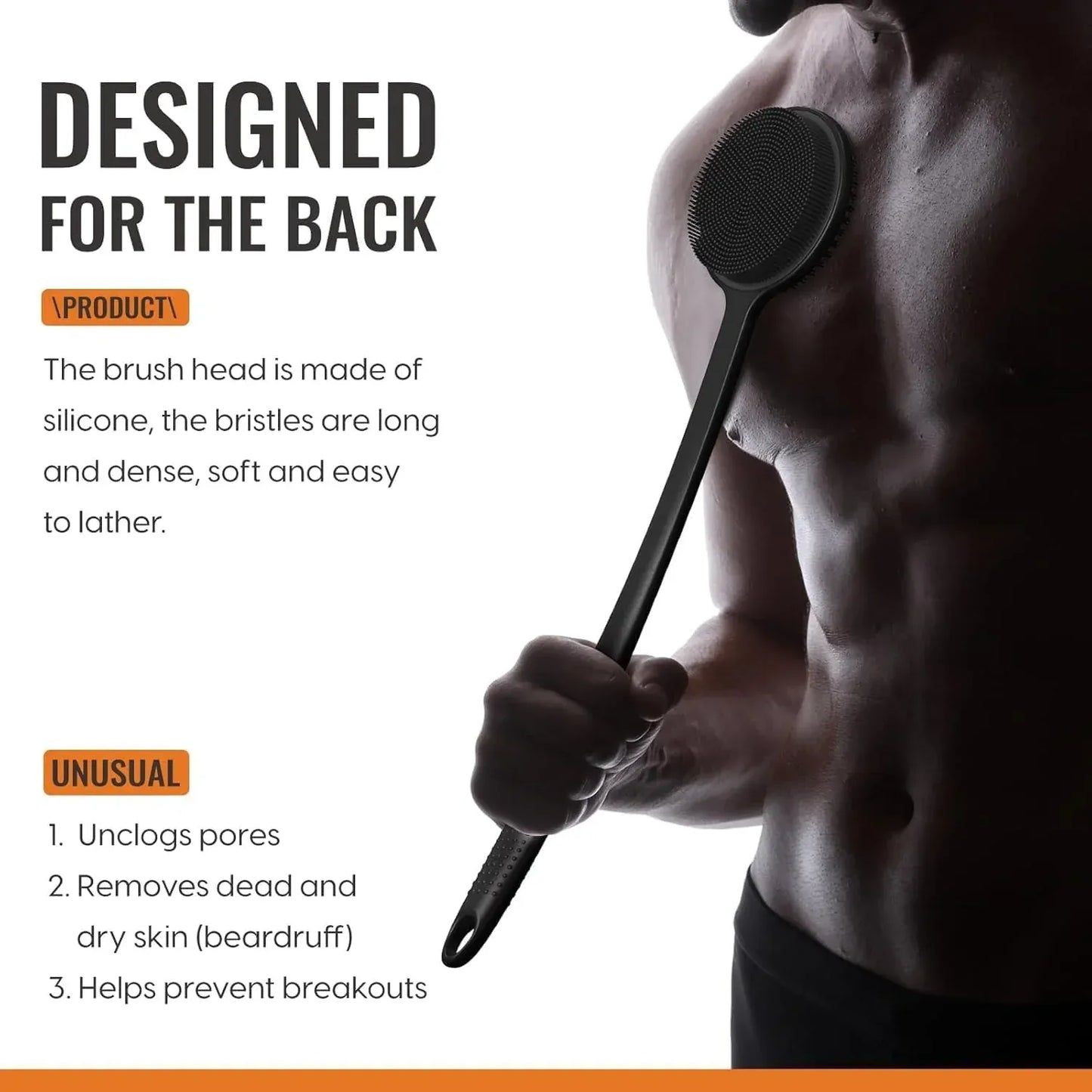 Silicone Body Scrubber with Long Handle, Double-Sided Shower Brush for Exfoliating and Massage