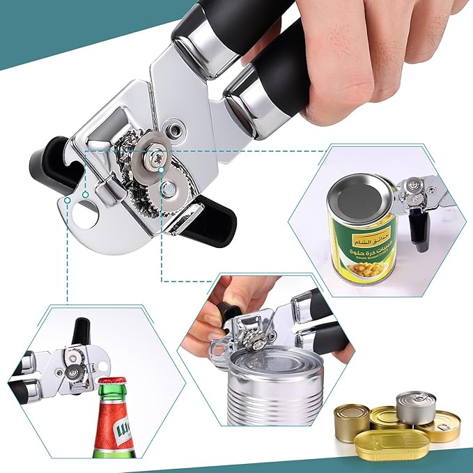 Tin Opener, Lychico 3-in-1Can Opener Handheld Heavy Duty Stainless Steel Can Openers with Multifunctional Bottle Opener, Black