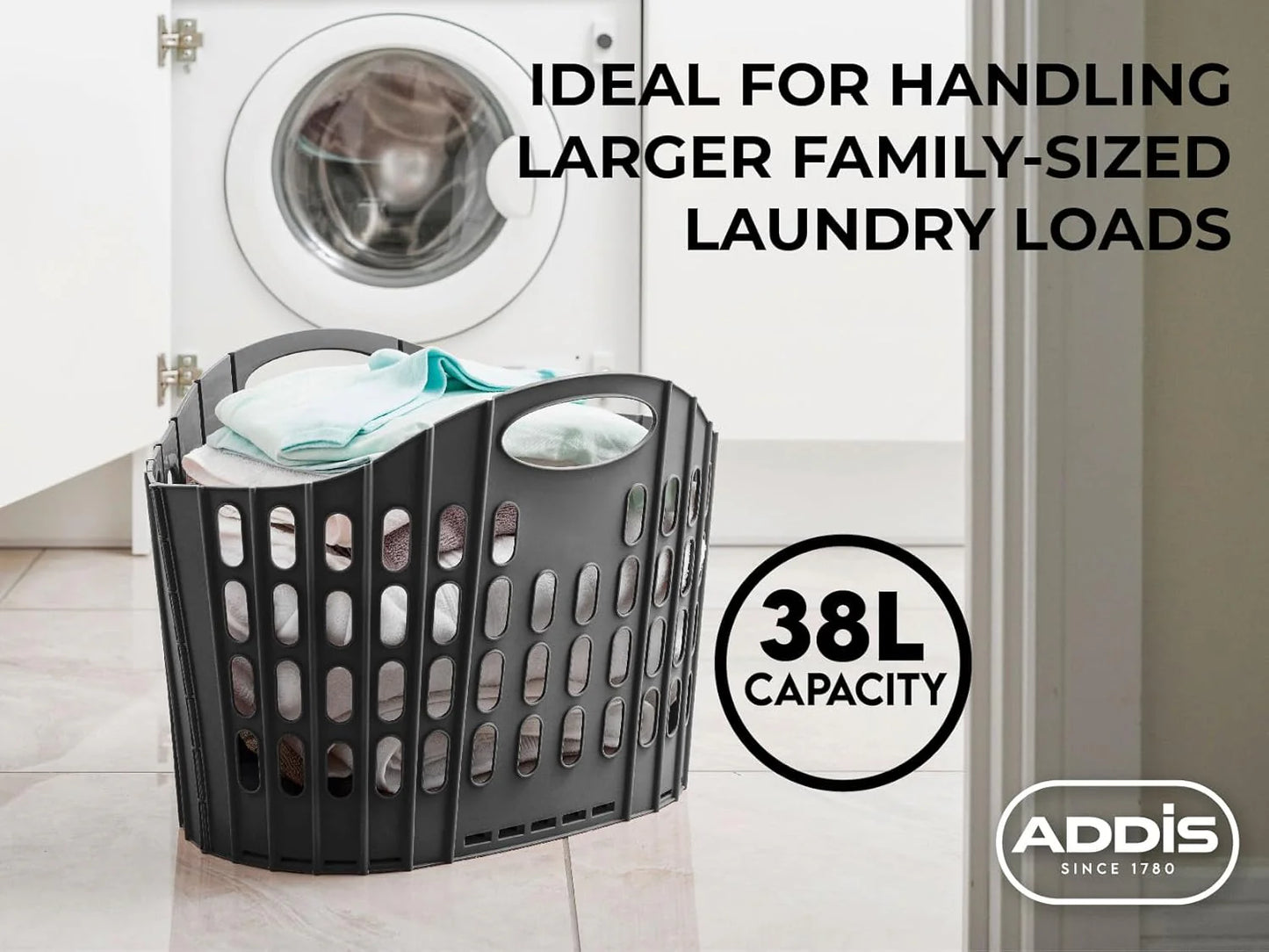 Addis Flat Easy Store Laundry Basket Hamper, Dark Grey, 38 Litre