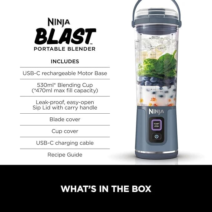 Ninja Blast Portable Blender, 530ml, Cordless Mini Blender with Leakproof Lid and Sip Spout, Denim Blue, BC151UKNV