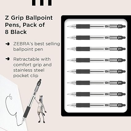 Zebra Z-Grip Black Ballpoint Pens, 8-Pack, Retractable with Pocket Clip, Black Ink, Multipack for Everyday Use
