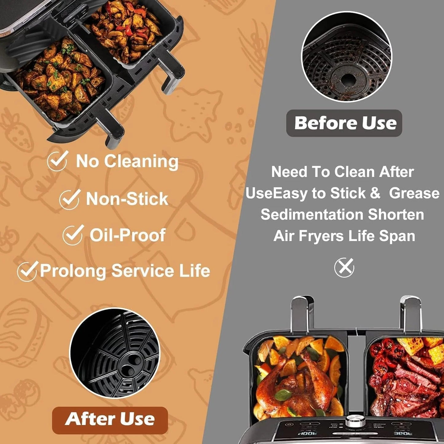 2-Pack Silicone Air Fryer Liners for Ninja Foodi AF300UK, Reusable Dual Basket Liners, 7.6L Accessories for Dual Zone Air Fryer