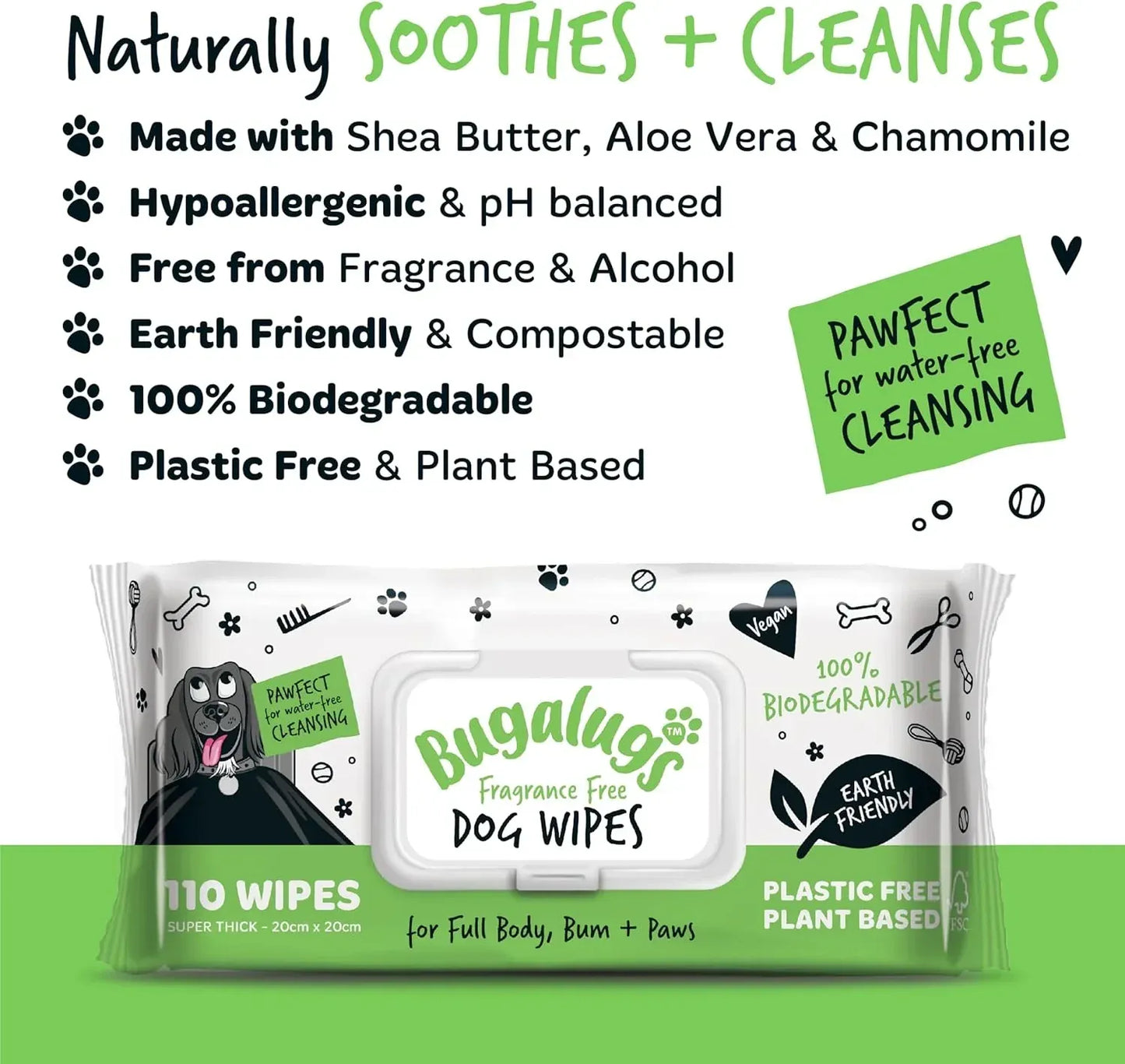 BUGALUGS Dog Wipes, 110 Biodegradable Plastic-Free Pet Wipes, Fragrance-Free, for Full Body, Eyes, Ears, Paws, and Bum, Dogs, Puppies, and Cats