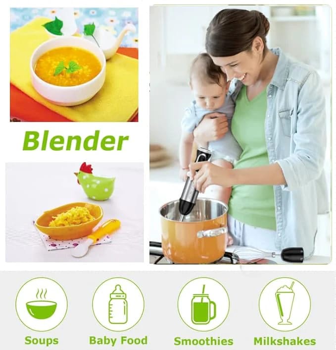 Bonsenkitchen Stainless Steel Hand Blender, 4-in-1 Stick Blender 1000W, 20 Speed Adjustable, with Whisk, 500ml Chopper and 700ml Measuring Cup, Food Processor (HB3203)