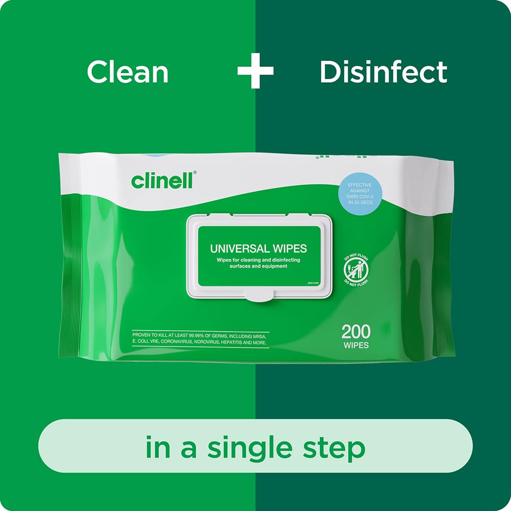 Clinell Universal Cleaning and Disinfectant Wipes for Surfaces - Pack of 200 Regular Wipes - Multi-Purpose, Kills 99.99% of Germs, Effective from 10 Seconds