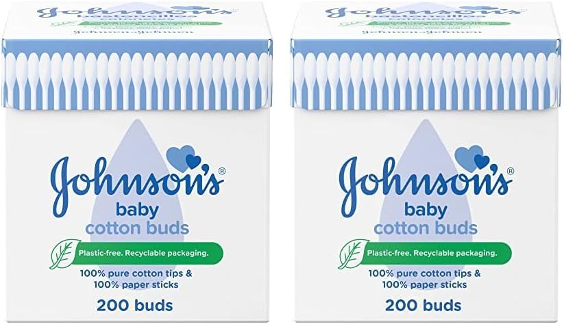"Johnson's Baby Cotton Buds, 200 Pack – 100% Pure Cotton with Paper Sticks, Plastic-Free, for Cleaning Delicate Areas"