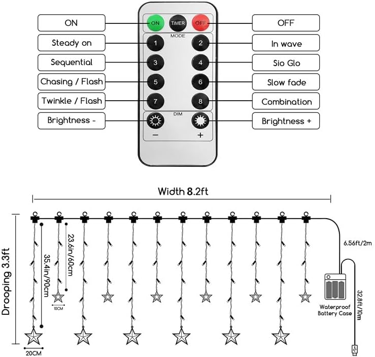 Jsdoin Christmas LED Star Curtain Lights, 12 Stars 138 LEDs, USB or Battery Powered, 8 Flashing Modes, Warm White for Home, Wall, Wedding, and Party Decoration