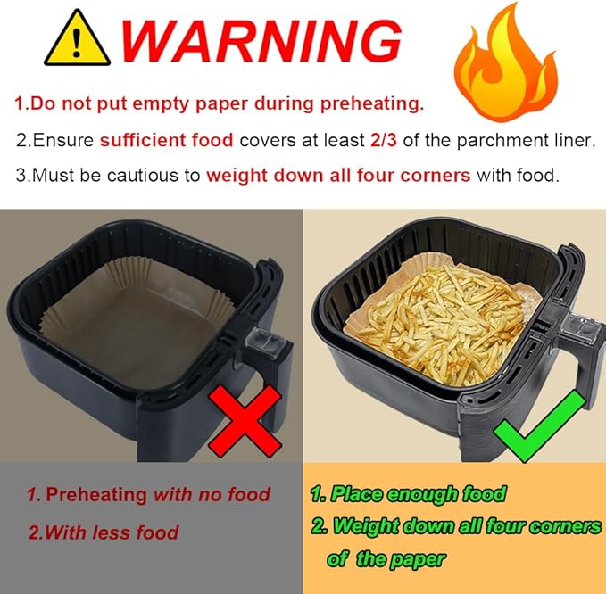 BYKITCHEN 50-Pack Square Air Fryer Parchment Paper Liners, Disposable, Greaseproof, Unbleached