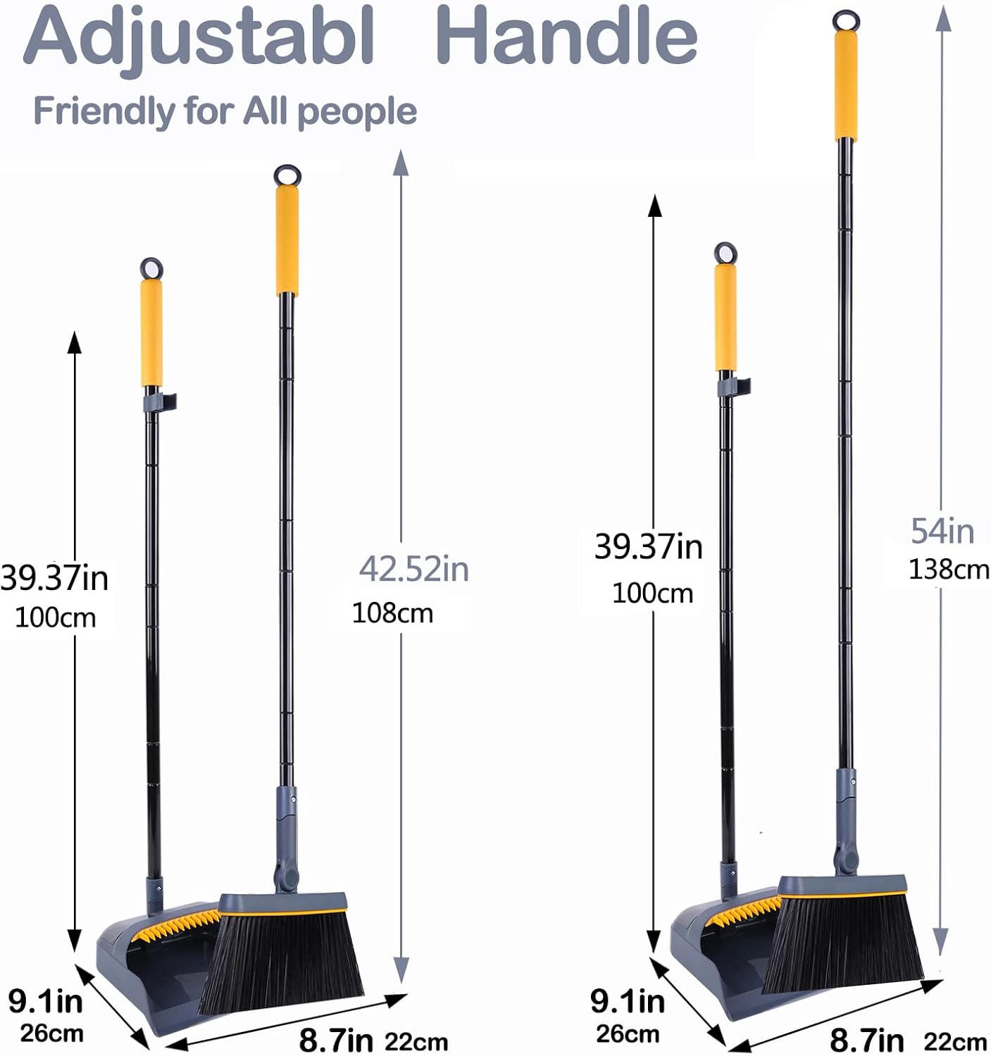JEHONN Long-Handled Dustpan and Brush Set with 180° Rotating Brush and Comb Teeth