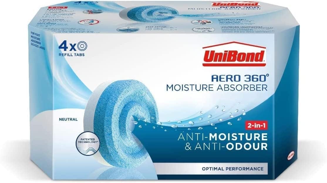 UniBond AERO 360° Moisture Absorber Neutral Refill Tab, ultra-absorbent and odour-neutralising, for AERO 360° Dehumidifier, Condensation Absorbers, (4 x 450g)