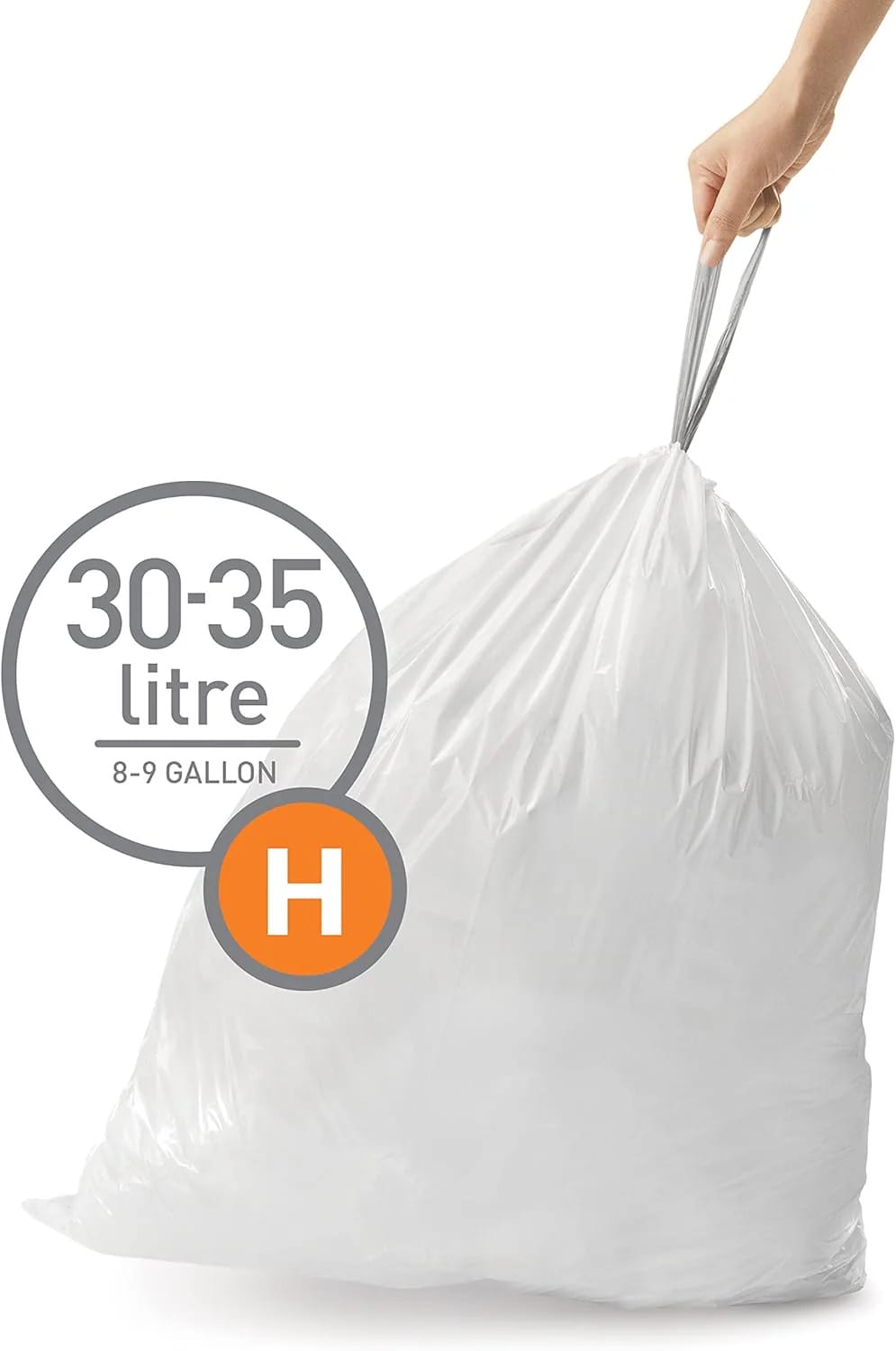 simplehuman Code H 60 Liners, 50% Recycled Custom Fit Bin Bags in Dispenser Packs with Durable Drawstring Tie Handle, 30-35L, White