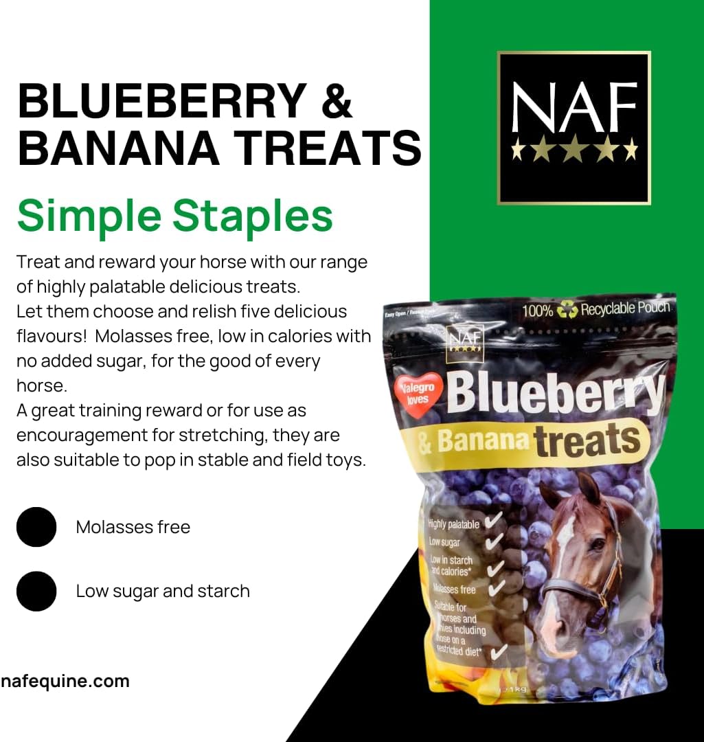 NAF Blueberry & Banana Horse Treats 1kg – Natural Low-Sugar Equine Snacks – Laminitis-Friendly Healthy Horse & Pony Treats – Nutritious Daily Reward for Training, Bonding & General Feedin