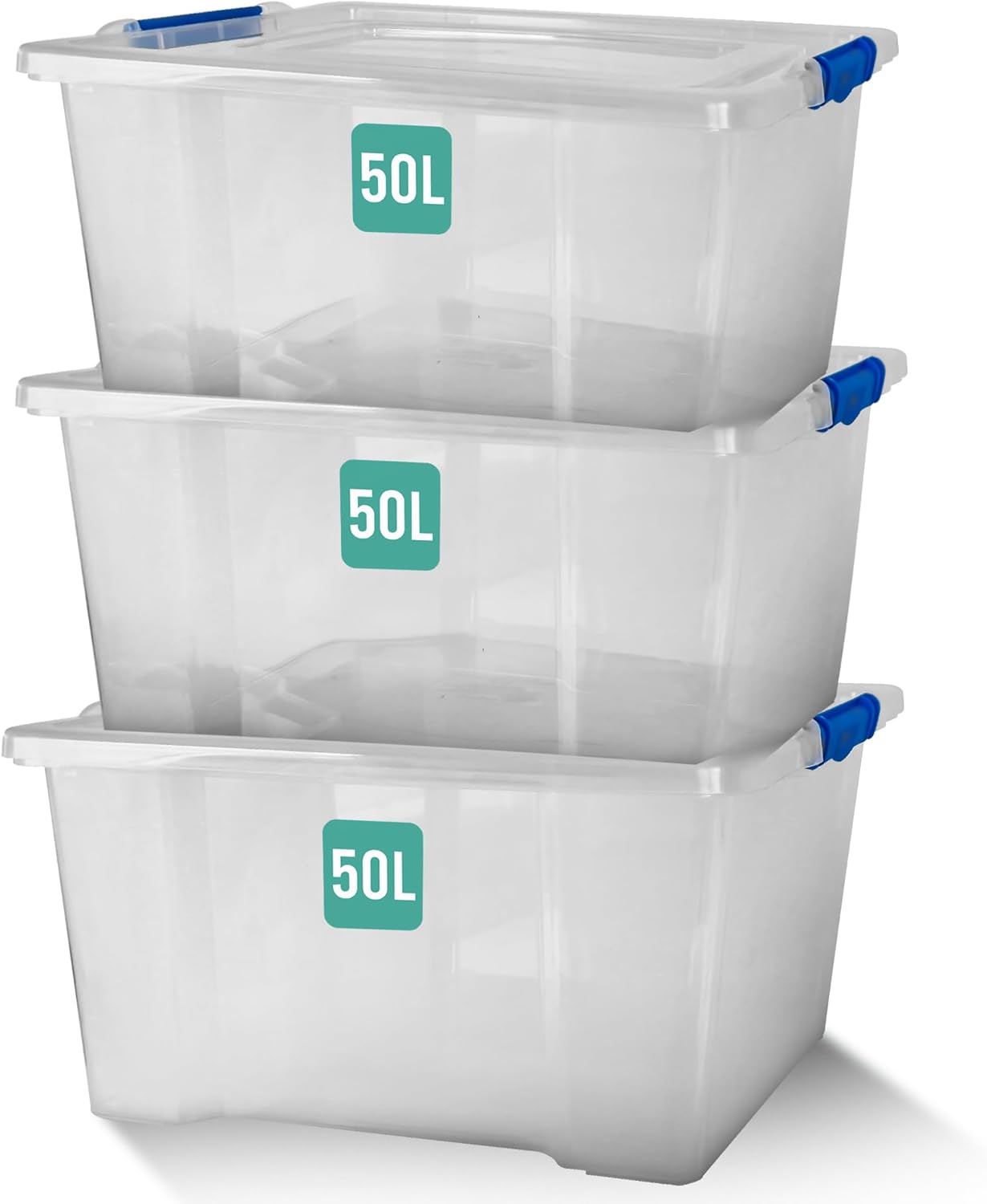 Klass Home Collection 3 x 50 Litre Storage Boxes with Lids Set of 3, Clip-Lock Lid, Sturdy 50L Clear Stackable Plastic Storage Box With Lid Containers For Home, Kitchen, Moving, Garage & Office