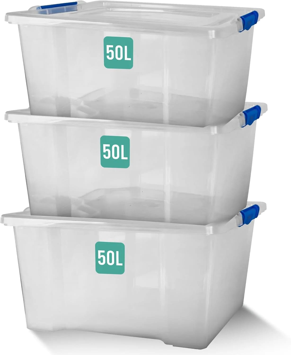 Klass Home Collection 3 x 50 Litre Storage Boxes with Lids Set of 3, Clip-Lock Lid, Sturdy 50L Clear Stackable Plastic Storage Box With Lid Containers For Home, Kitchen, Moving, Garage & Office