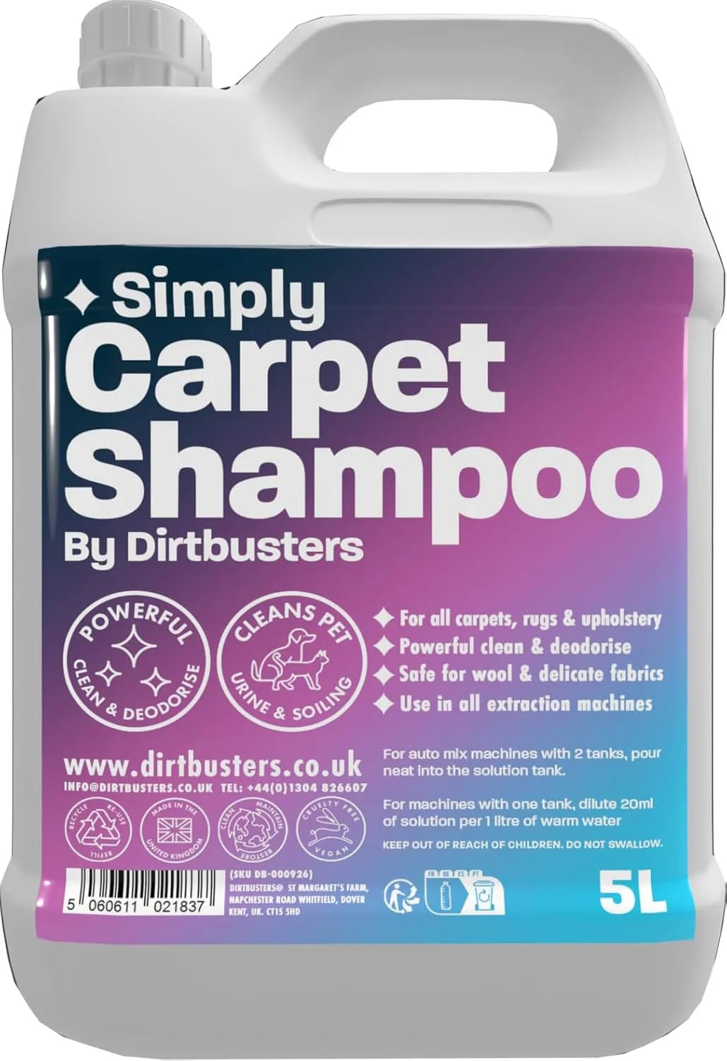 Dirtbusters Simply Carpet Cleaner Shampoo (5L) Powerful Carpet Cleaner Solution To Clean All Soiling & Eliminate Odour, Urine & Remove Stains, For Carpet Shampoo Machines
