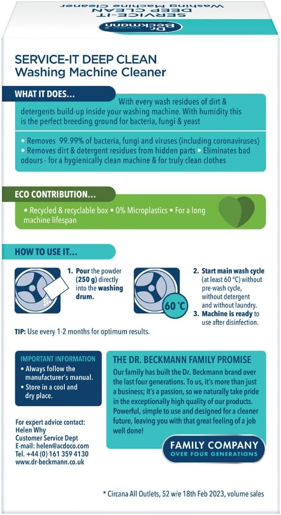 Dr. Beckmann Service-it Deep Clean Washing Machine Cleaner | Removes 99,99 % of bacteria and fungi and viruses | eliminates bad odours | 250 g