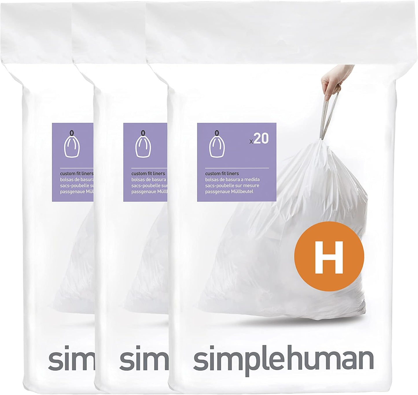 simplehuman Code H 60 Liners, 50% Recycled Custom Fit Bin Bags in Dispenser Packs with Durable Drawstring Tie Handle, 30-35L, White