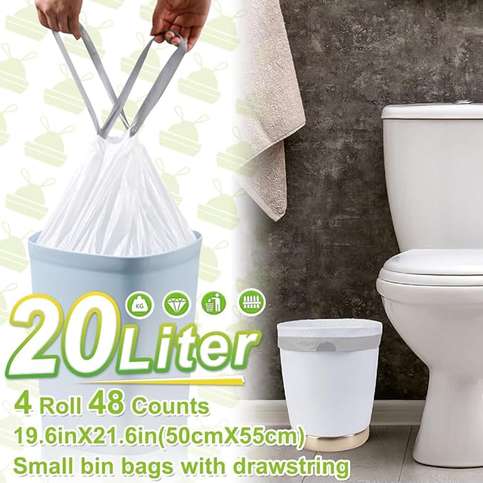 Bin Bags 20L with Drawstring Tie Handle,AOSULI White Bin Liners/Strong Trash Bags