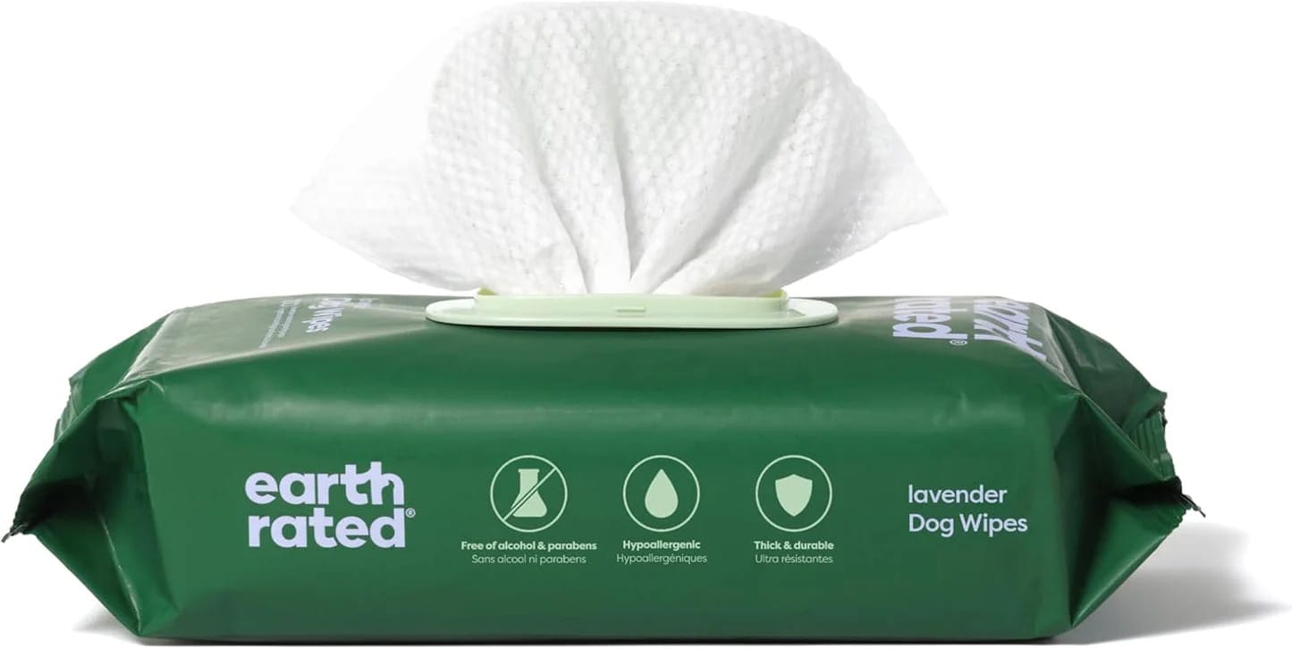 Earth Rated Dog Wipes, Hypoallergenic, Cleaning and Hydrating, for Grooming Paws, Body and Bums, Lavender Scented, 100 Count