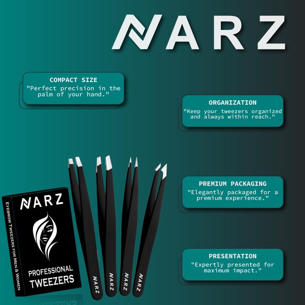 NARZ 4Pcs Professional Tweezer for Facial Hair Women & Men Stainless Steel Precision Tweezers for Ingrown Hair Tweezers for Men & Women (Black Set)