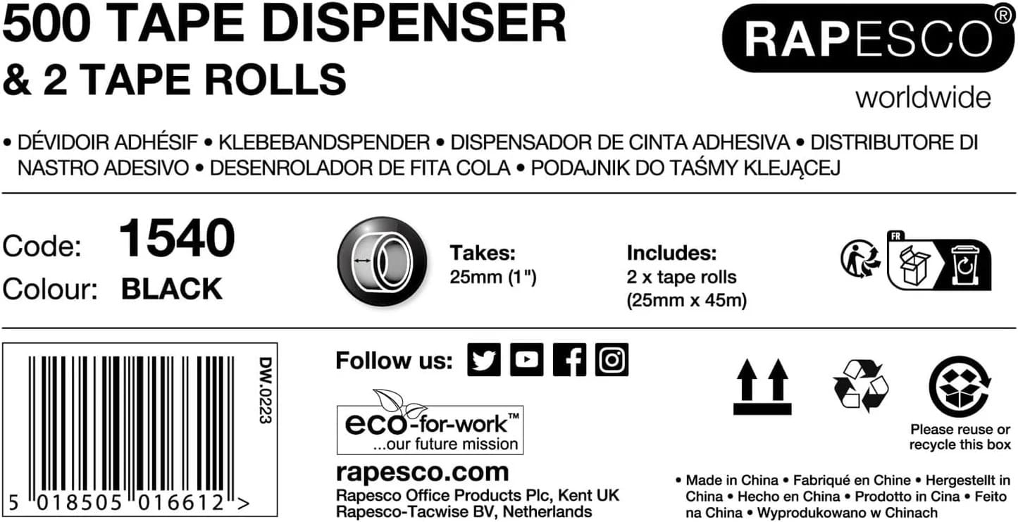 Rapesco 1540 500 Heavy Duty Tape Dispenser with 2 Tape Rolls, Black