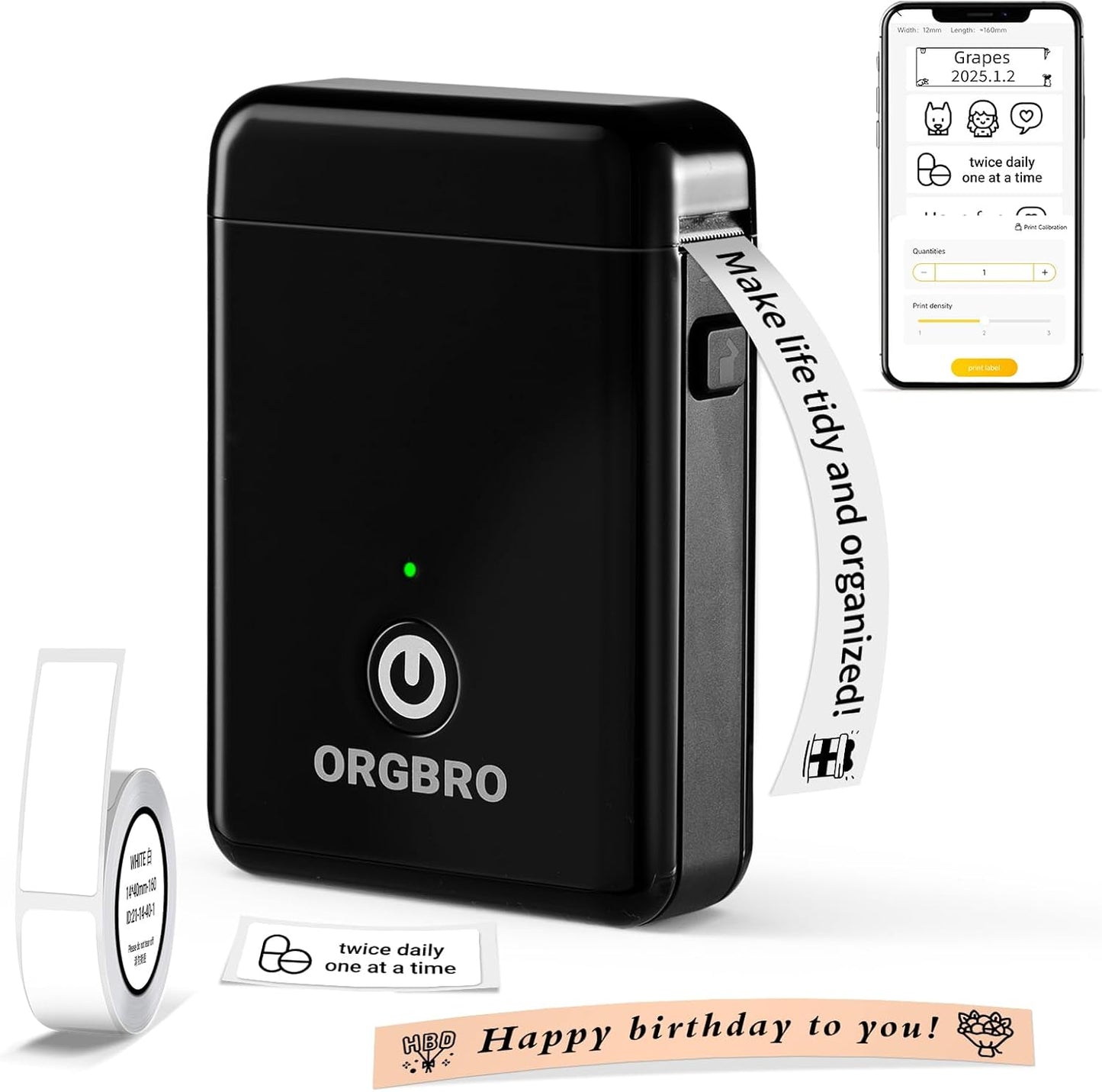 ORGBRO X1 Label Maker Machine with Tape Thermal Portable Bluetooth Label Printer for Smartphones Mini Handheld Sticker Maker with Multiple Templates for School Office Home Kitchen Organization, White