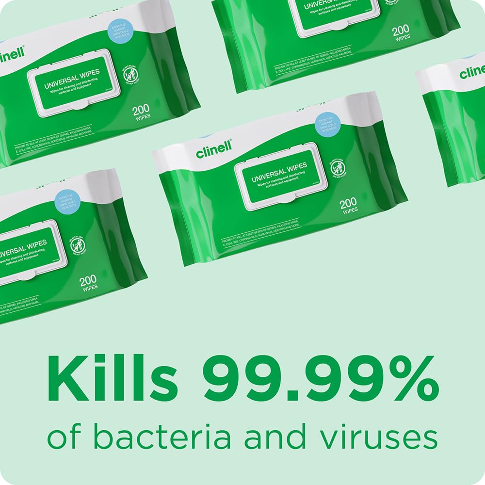 Clinell Universal Cleaning and Disinfectant Wipes for Surfaces - Pack of 200 Regular Wipes - Multi-Purpose, Kills 99.99% of Germs, Effective from 10 Seconds