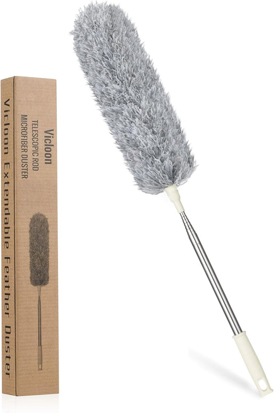Feather Duster,Extendable Duster Microfiber Long Extension Pole Scratch Resistant Cover, Washable, Cleaning High Ceiling Fans, Blinds, Cobweb (Grey)