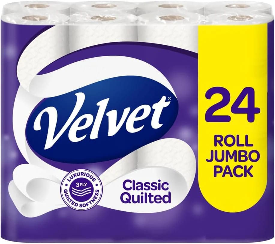 Velvet Classic Quilted Toilet Tissue 24 Rolls - Luxuriously Soft, Strong and Absorbent Toilet Roll - Jumbo Bulk Pack 24 Rolls - 3-ply - White