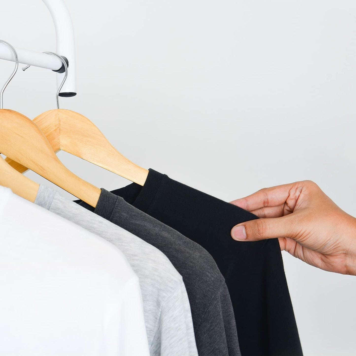 KEPLIN Strong Walnut Wood Wooden Coat Hangers with 360 Degree Rotatory Hook & Round Trouser Bar & Shoulder Notches - Durable Wardrobe Space Saver (Natural, 20 Pack)