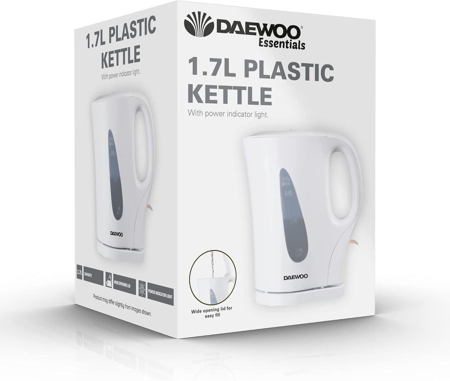 Daewoo Essentials 1.7L Fast Boil Electric Kettle – White Plastic Cordless Jug with Auto Shut-Off & Boil-Dry Protection, Compact, Easy to Use & Clean