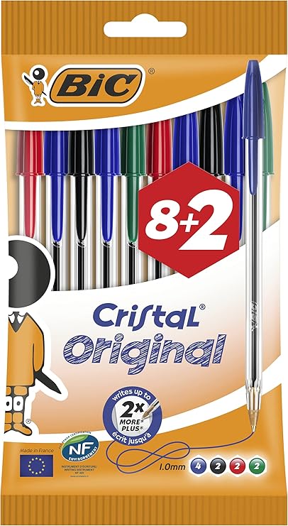 BIC Cristal Original Ballpoint , Comfortable Biro Pens, Medium Point (1.0mm), Assorted Colours, Pack of 10