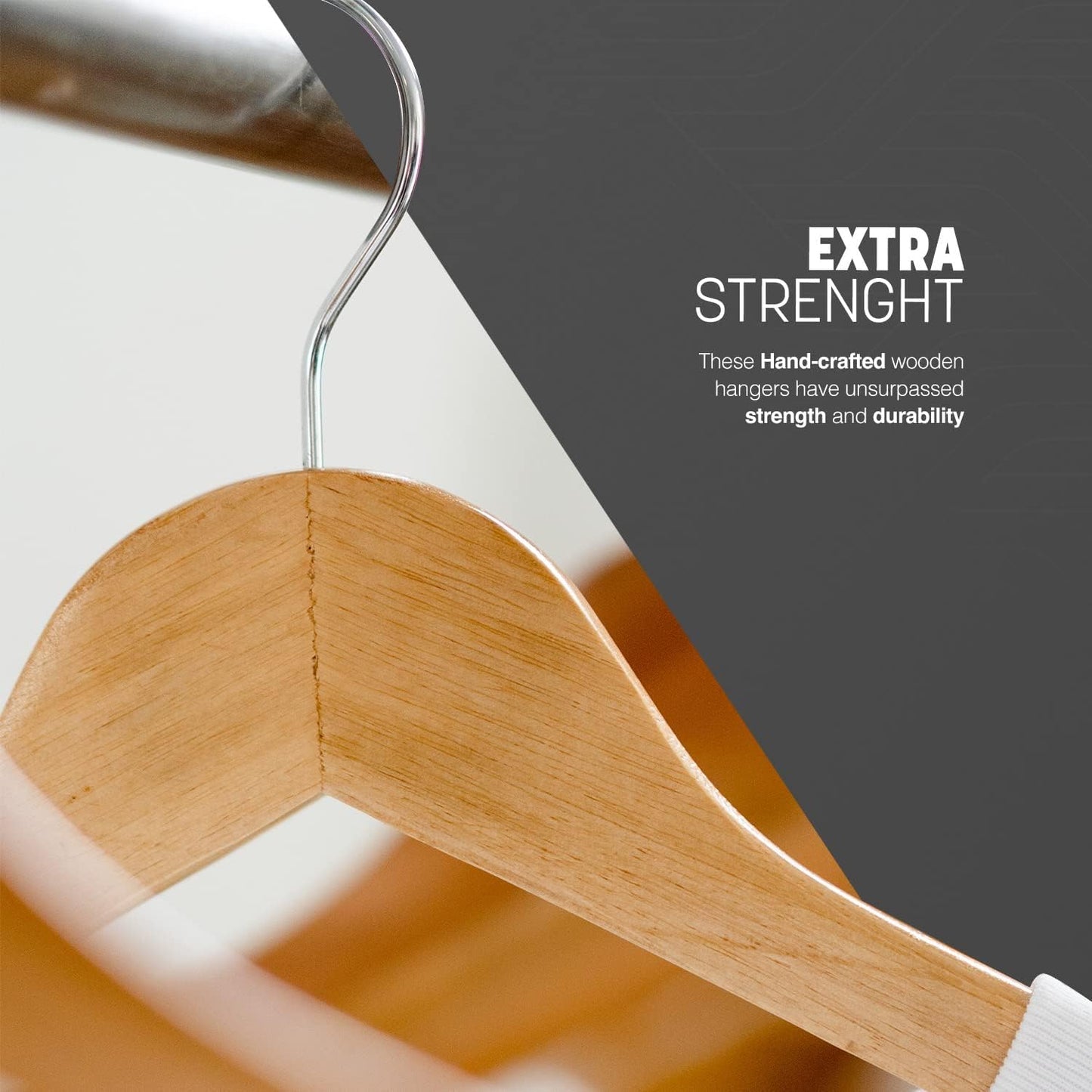 KEPLIN Strong Walnut Wood Wooden Coat Hangers with 360 Degree Rotatory Hook & Round Trouser Bar & Shoulder Notches - Durable Wardrobe Space Saver (Natural, 20 Pack)