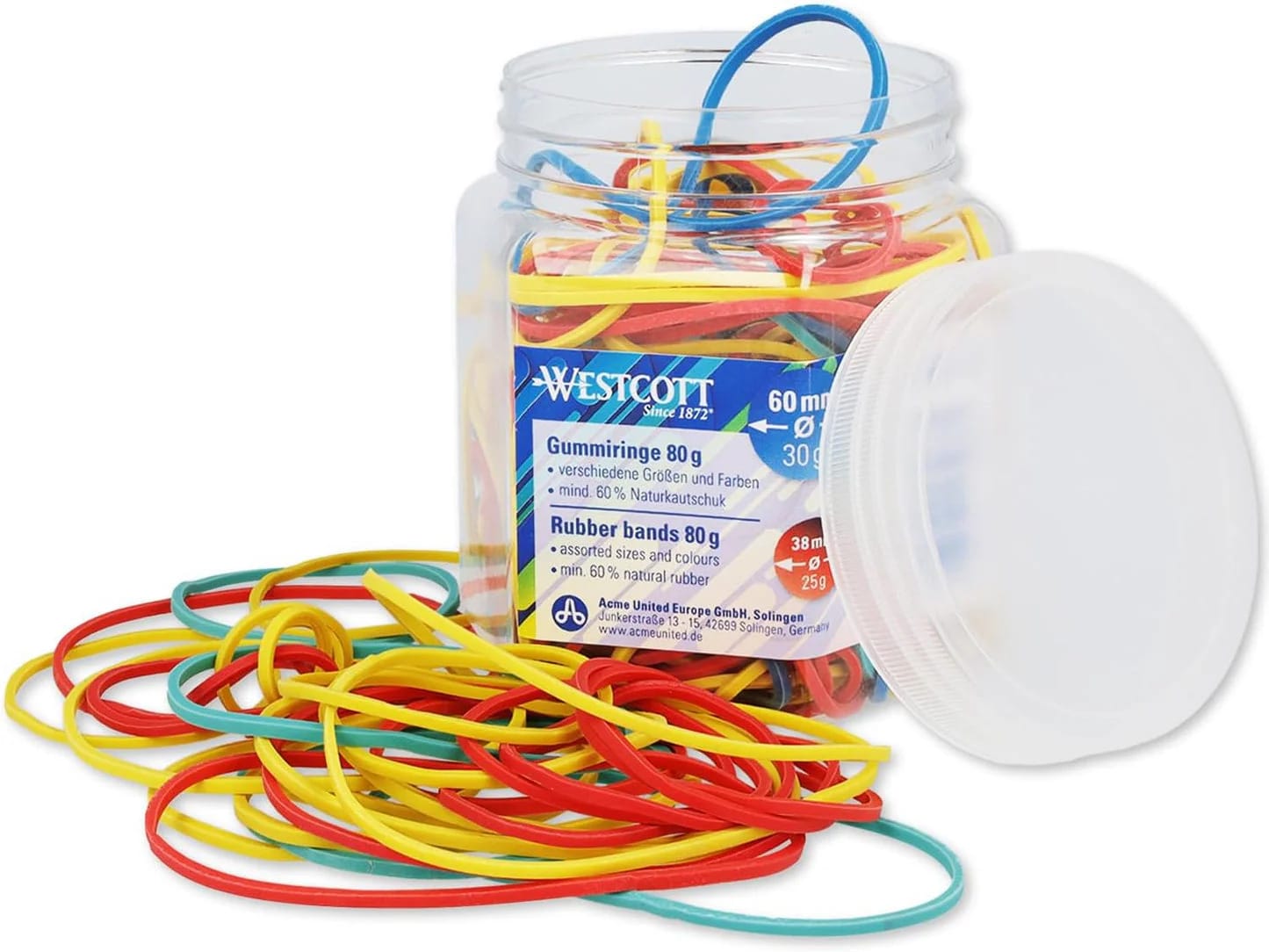 Westcott Rubber Bands 80g | Ca. 170 Colourful rubber rings in various sizes in a handy plastic container | Storage pack of household rubber bands ⌀ 60mm, 50mm & 38mm | E-10581 00