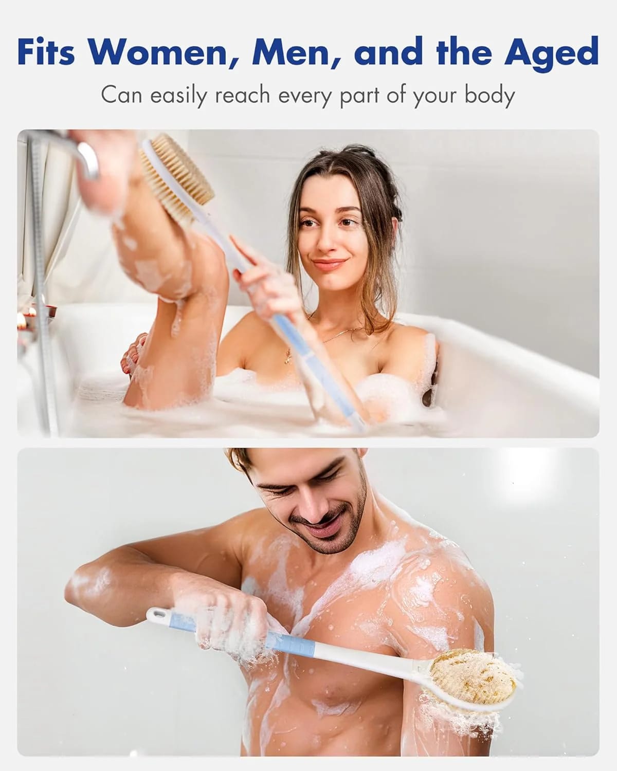 Back Scrubber Body Shower Brush: Anti Slip Long Handle Bath Brush with Stiff and Soft Bristles - Showering Exfoliator Wet or Dry Brushing for Women, Men, Elderly (Blue)