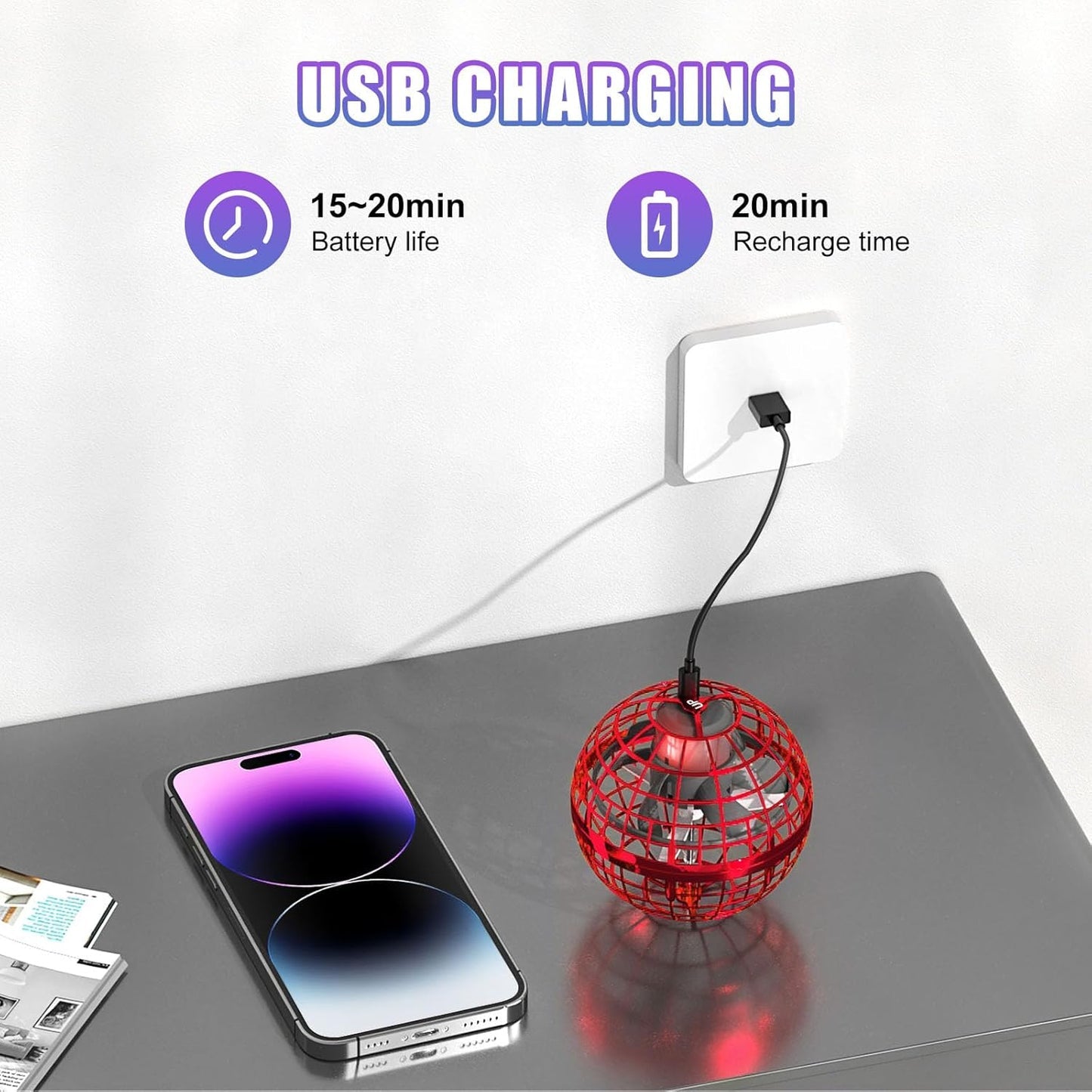 XINHOME Flying Ball Hover Toy, Mini UFO Spinner with RGB Lights, Hand-Controlled, Red, for Kids Ages 8-12