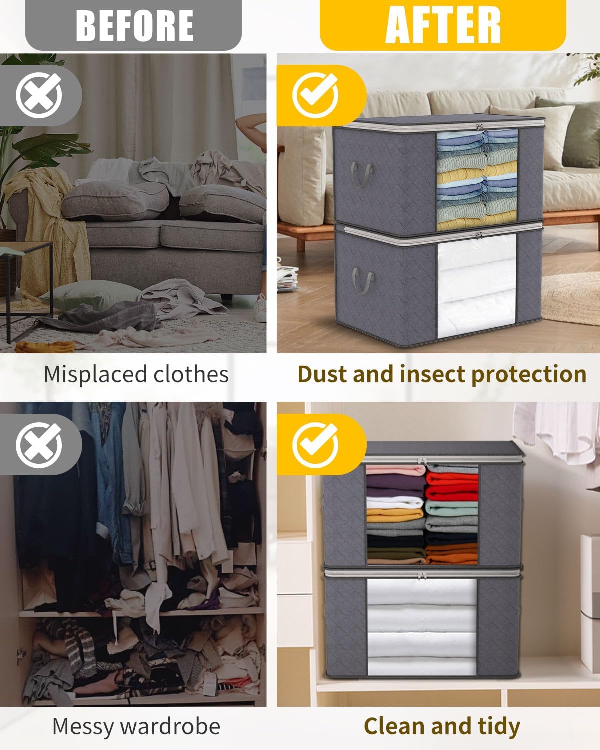 KALAHOL 90L Large Capacity Clothes Storage Bags with Zips, Storage Boxes with Lids, Reinforced Handle, Foldable, Thick Fabric, for Comforters, Clothes, Blankets, Bedding, 4 Pack, Dark Grey