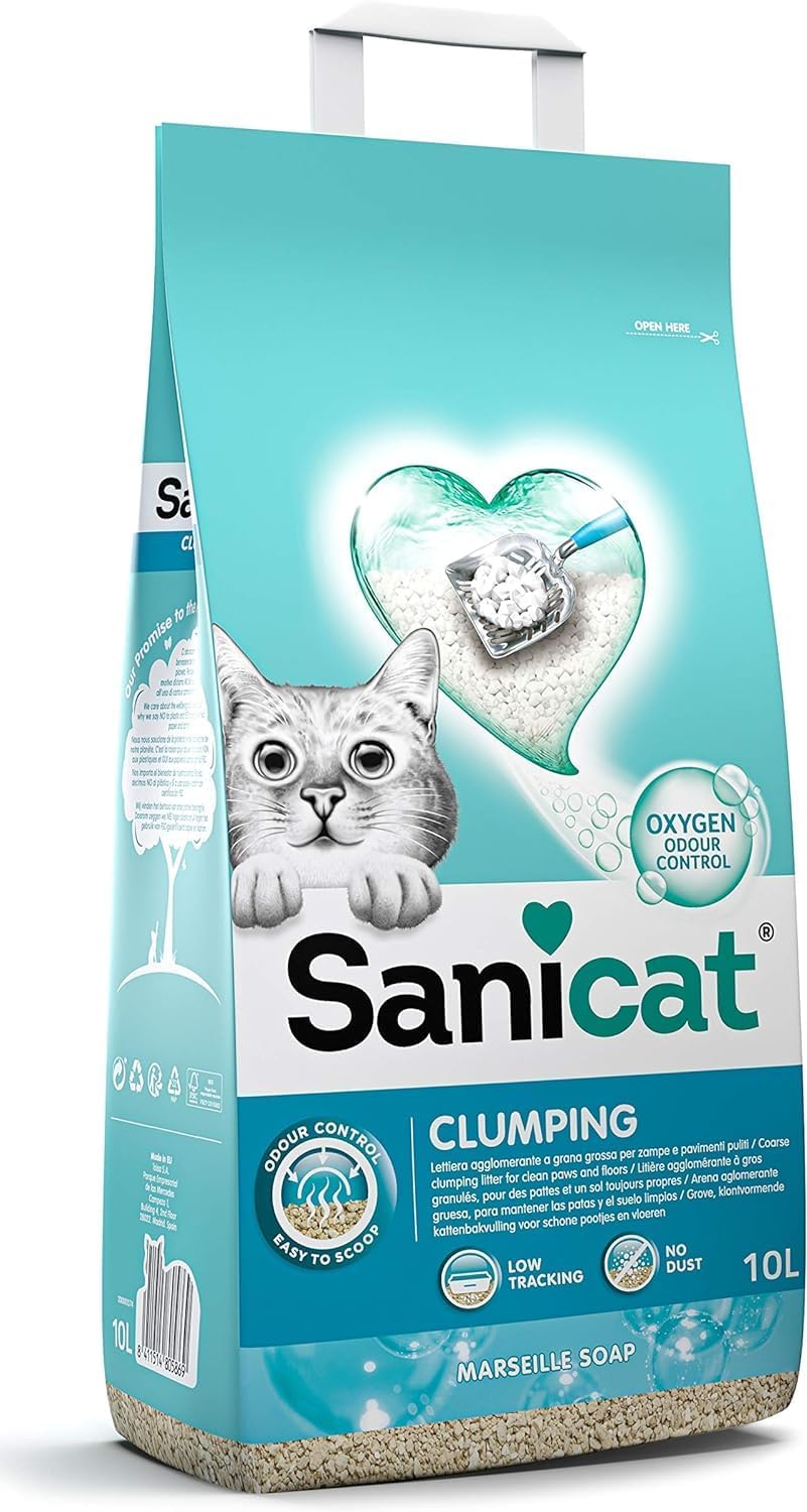 Sanicat - Clumping Cat Litter with Marseille Soap scent | Made of natural minerals with guaranteed odour control | Absorbs moisture and makes cleaning the tray easier | 10 L capacity