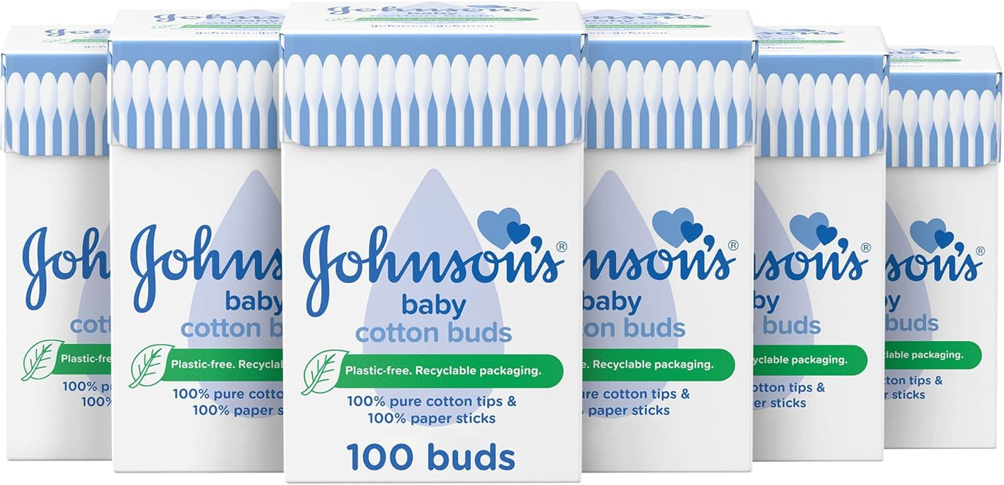"Johnson's Baby Cotton Buds, 200 Pack – 100% Pure Cotton with Paper Sticks, Plastic-Free, for Cleaning Delicate Areas"