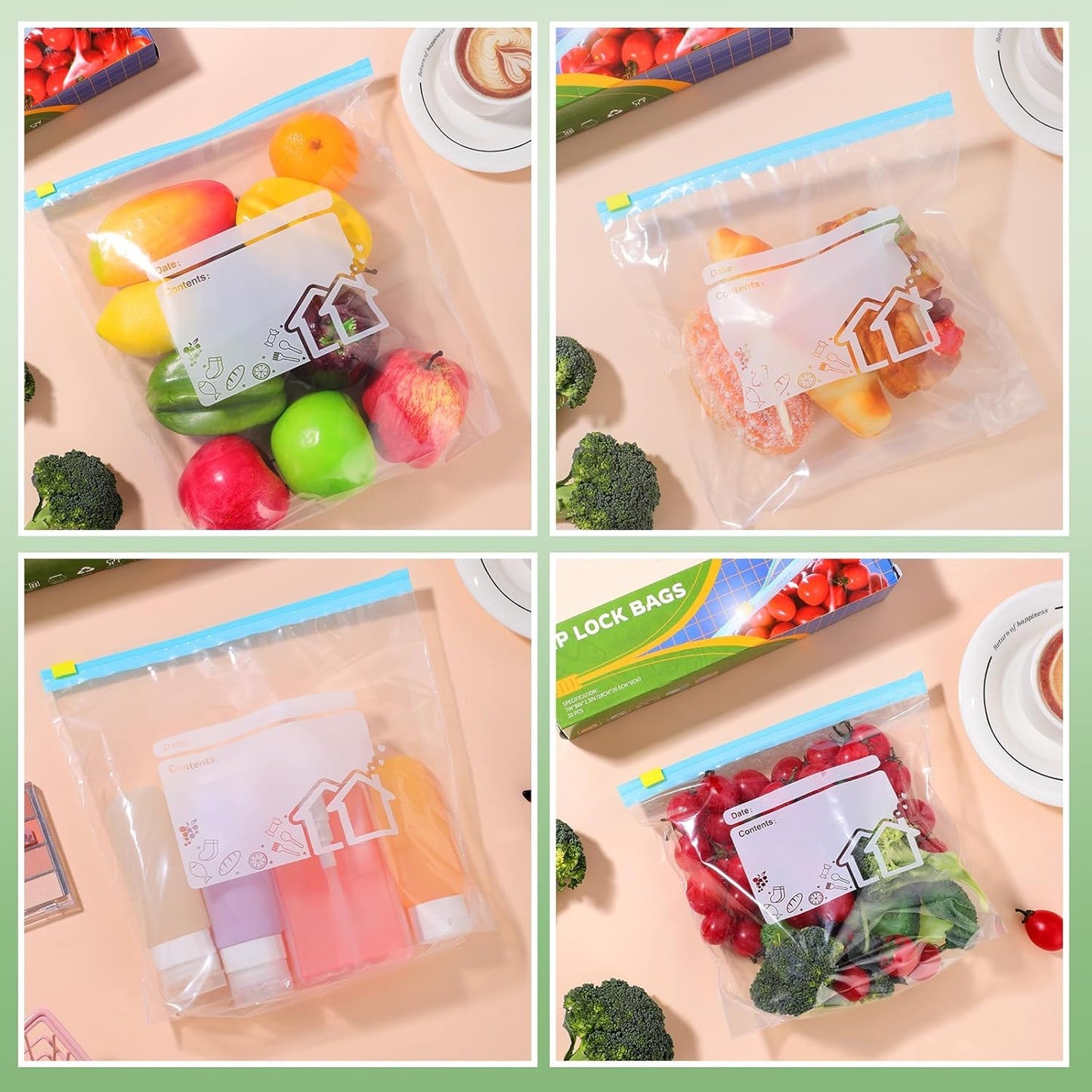 70 Pcs Food Storage Freezer Bags, 3 Sizes Zip Lock Bags (4.55L, 2.27L, 1L), Reusable Ziplock Bags Sandwich Bags with Expandable Bottom, Heavy Duty Food Bags for Fruits, Veggies, Meat, Snacks